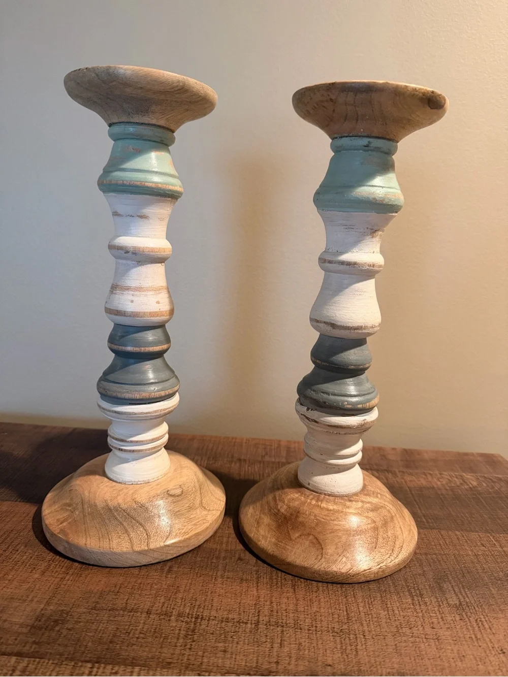 Pier 1 Distressed White and Blue Painted Wooden Candlesticks